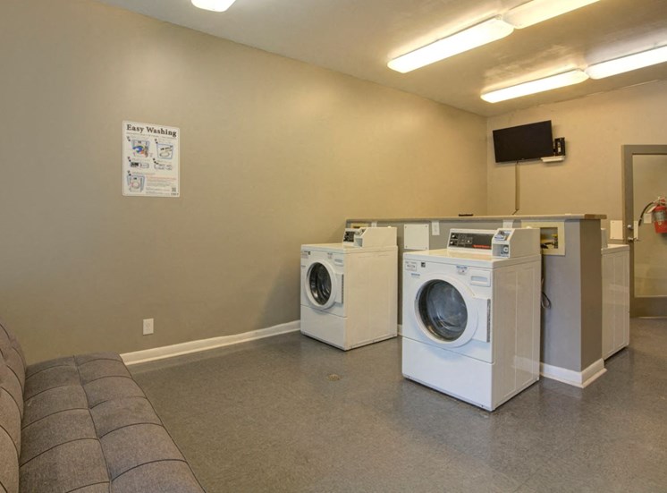 Clothes Care Center with Machines a Grey Couch and a Mounted TV